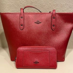 Red coach tote bag with matching wallet